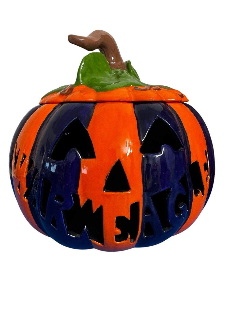 Halloween Ceramic Pumpkin Candy Jar Orange Black Spooky Treat Container Decor